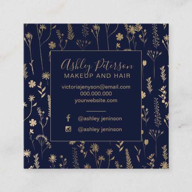 Gold floral navy blue hair makeup typography square business card (Front)