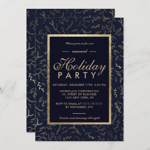 Gold floral navy blue winter corporate holiday invitation