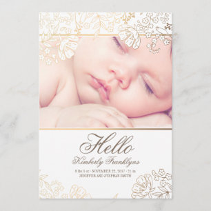Gold Floral Newborn Baby Photo Birth Announcement