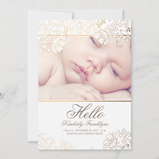 Gold Floral Newborn Baby Photo Birth Announcement (Front)
