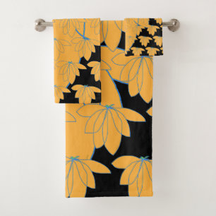 Gold Floral On Black  Bath Towel Set
