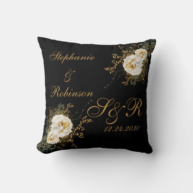 Gold Floral On Black Monogram Logo Wedding  Cushion (Front)
