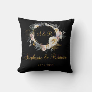 Gold Floral On Black Monogram Wedding Throw Pillow
