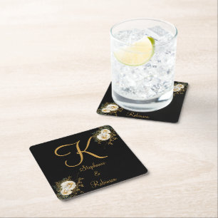 Gold Floral On Black Wedding Gift Monogram Square Paper Coaster