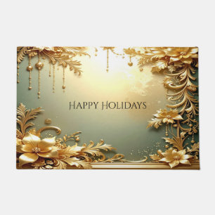Gold Floral Ornaments Holiday Doormat