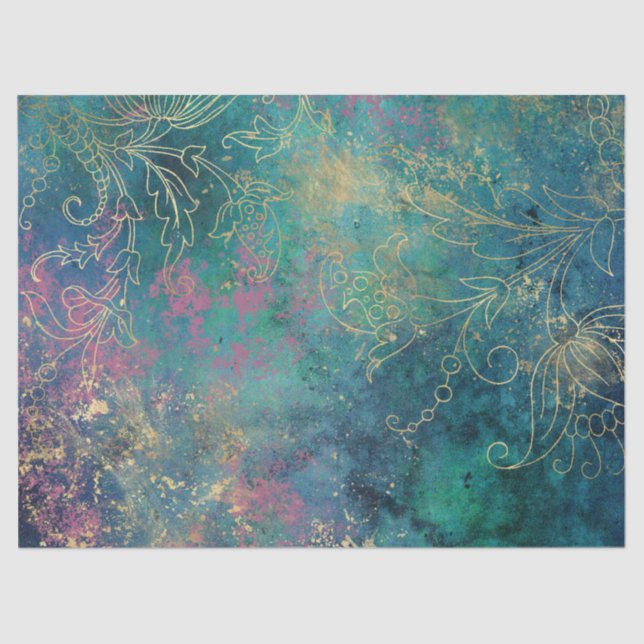 Gold Floral Outlines on Pink Teal Decoupage Tissue Paper (Front)