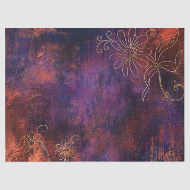 Gold Floral Outlines on Purple Orange Decoupage Tissue Paper (Front)