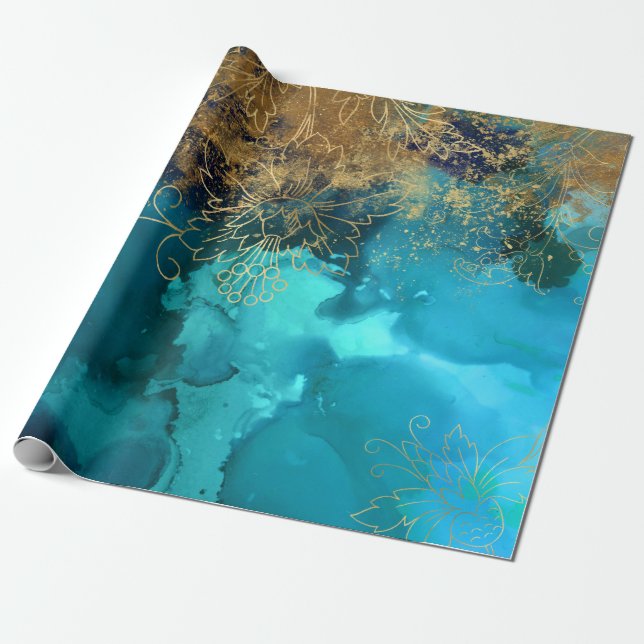 Gold Floral Outlines on Teal Green Wrapping Paper (Unrolled)