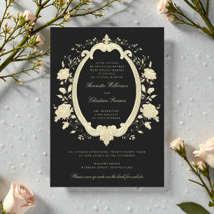 Gold Floral Oval Frame Black Elegant Wedding Invitation