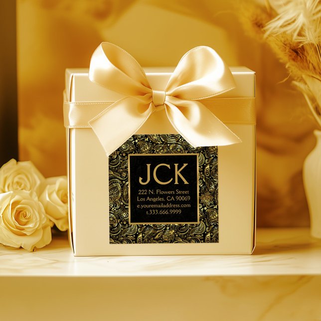 Gold Floral Paisley Pattern On Black Square Sticker (Creator Uploaded)