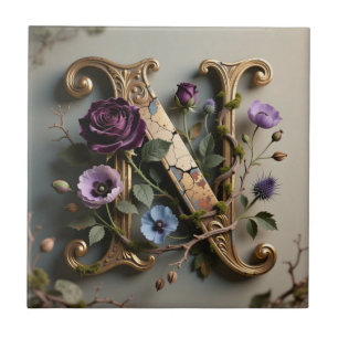 Gold Floral Patina Letter N Monogram Tile