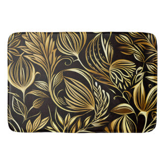 Gold Floral Pattern On Black Bath Mat