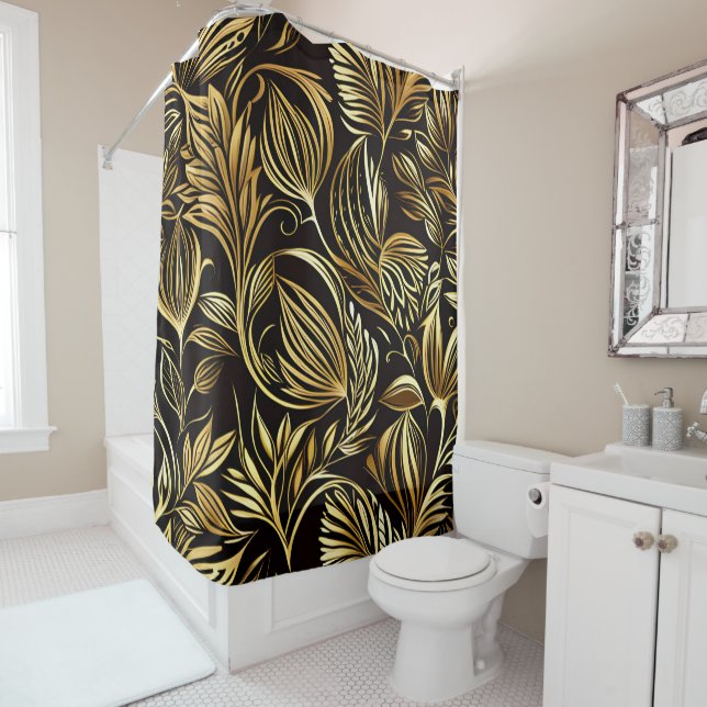 Gold Floral Pattern On Black Shower Curtain (In Situ)