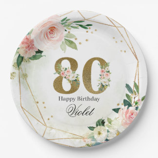 Gold & Floral Personalized Custom 80th Paper Plate