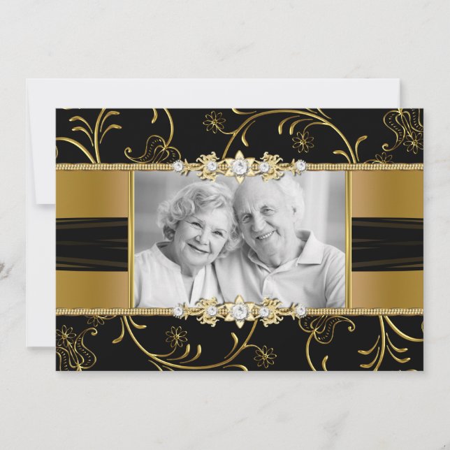 Gold Floral Photo 50th Wedding Anniversary Invite (Front)