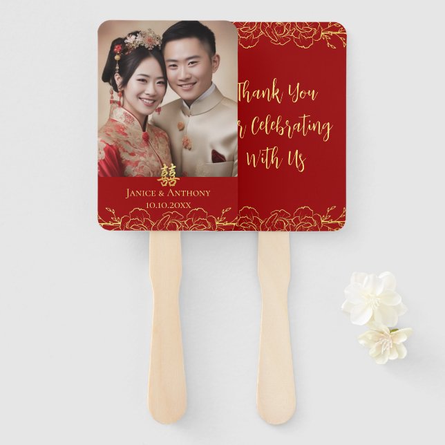 Gold floral photo couple Chinese wedding double xi Hand Fan (Front and Back)