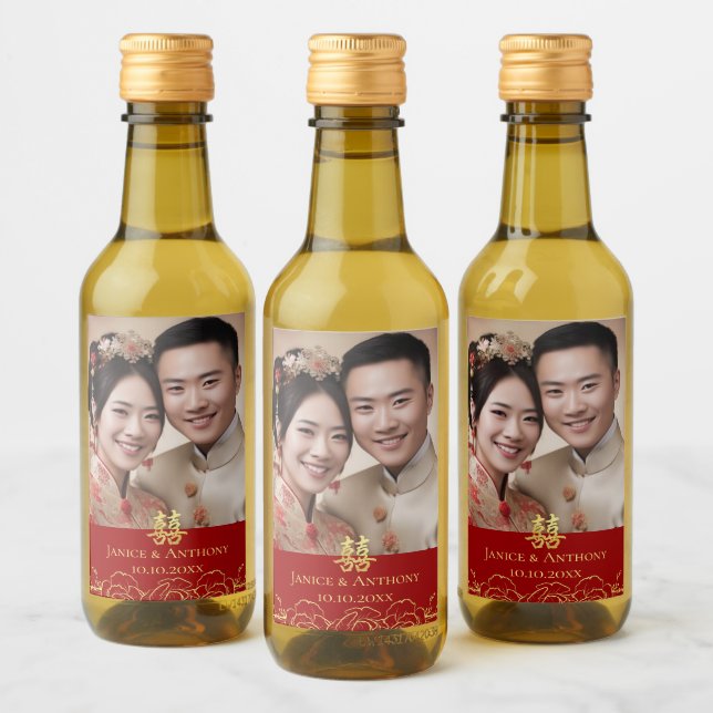 Gold floral photo couple Chinese wedding double xi Wine Label (Bottles)