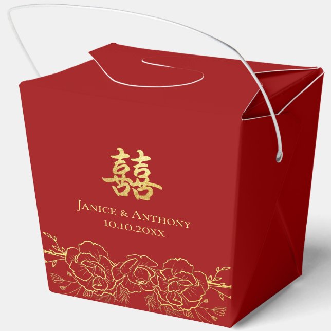 Gold floral photo couple Chinese wedding thank you Favour Box (Back)