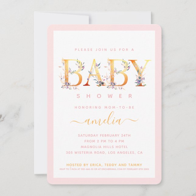Gold Floral Pink Baby Girl Shower Invite (Front)