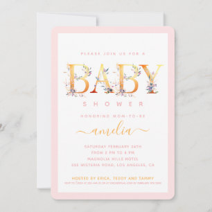 Gold Floral Pink Baby Girl Shower Invite