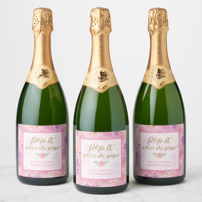 Gold Floral Pop It When She Pops Baby Shower Sparkling Wine Label (Bottles)