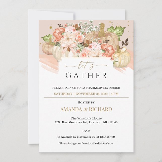 Gold Floral Pumpkin Thanksgiving Dinner Invitation (Front)