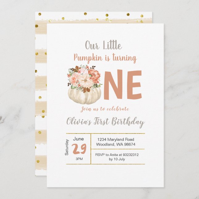 Gold Floral Pumpkin Turning 1 Birthday invitation (Front/Back)