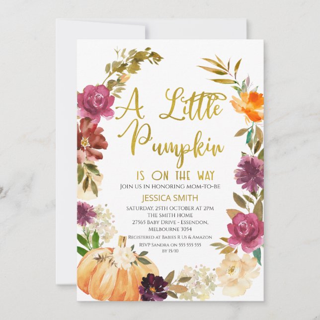 Gold Floral Pumpkin Wreath Baby Shower Invitation (Front)