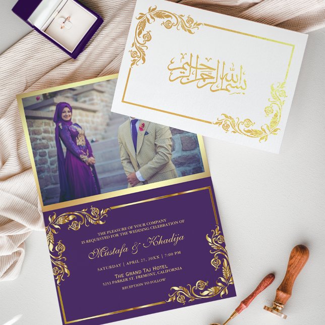 Gold Floral Purple Photo Muslim Wedding Foil Card (Creator Uploaded)