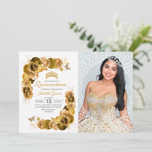Gold Floral Quinceanera Birthday Photo Invitation (Standing Front)