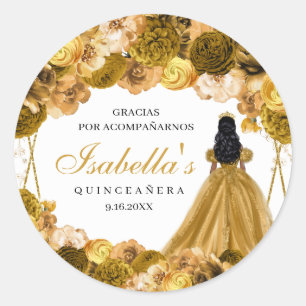 Gold Floral Quinceanera Round Stickers