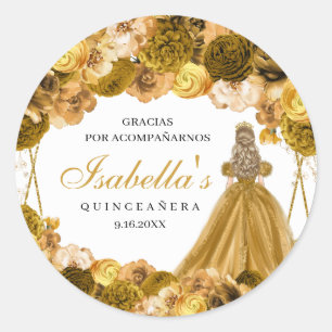 Gold Floral Quinceanera Round Stickers