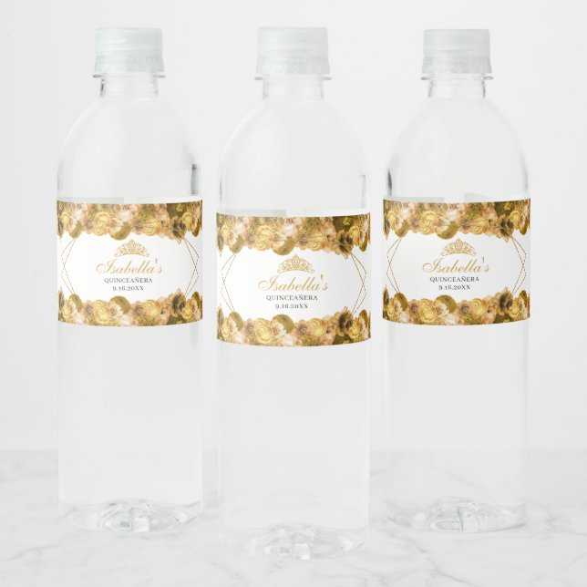 Gold Floral Quinceanera Water Bottle Label (Bottles)