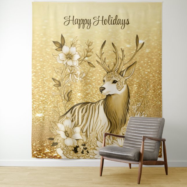 Gold Floral Reindeer Backdrop Tapestry (In Situ)