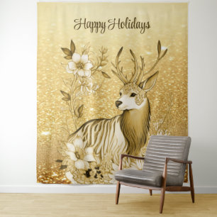 Gold Floral Reindeer Backdrop Tapestry