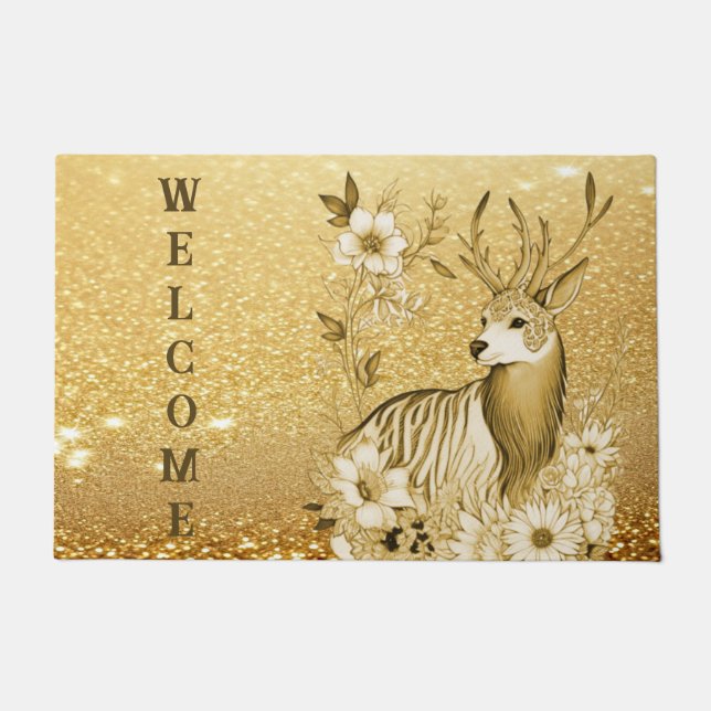 Gold Floral Reindeer Doormat (Front)