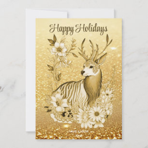 Gold Floral Reindeer Holiday Christmas Card