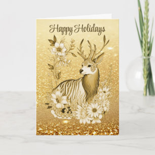 Gold Floral Reindeer Holiday Christmas Card