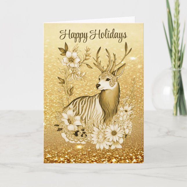 Gold Floral Reindeer Holiday Christmas Card (Front)