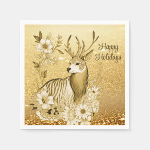 Gold Floral Reindeer Paper Napkin