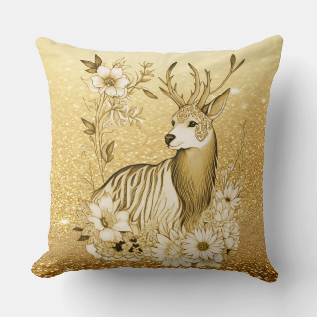 Gold Floral Reindeer Throw Pillow (Front)