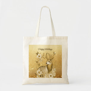 Gold Floral Reindeer Tote Bag