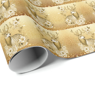  Gold Floral Reindeer Wrapping Paper