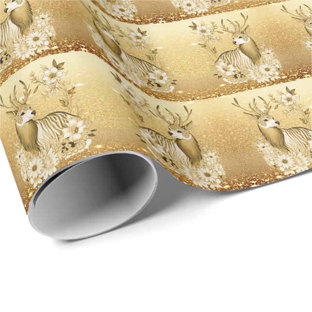  Gold Floral Reindeer Wrapping Paper (Roll Corner)