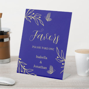 gold floral royal blue wedding favours table pedestal sign