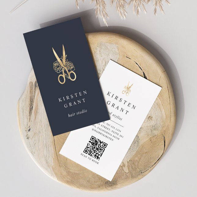 Gold Floral Scissors Logo QR Code Hairstylist Business Card (Creator Uploaded)