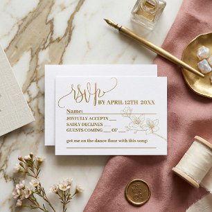 Gold Floral Script Whimsical Wedding RSVP Elegan Card