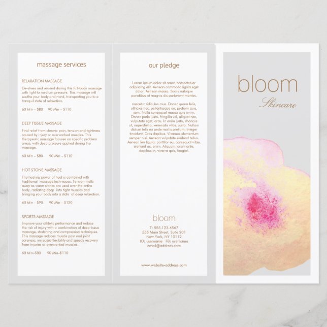 Gold Floral Skin Care Spa TriFold Brochure (Front)