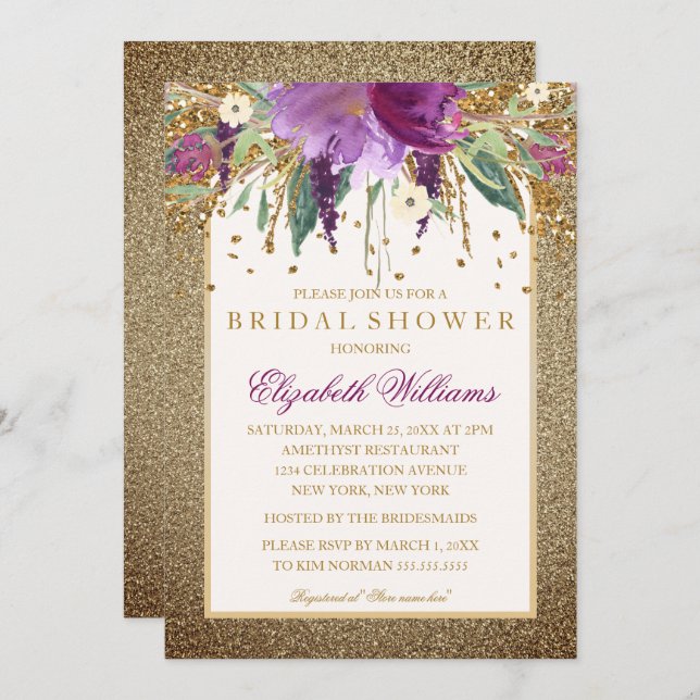 Gold Floral Sparkling Amethyst Bridal Shower Invitation (Front/Back)