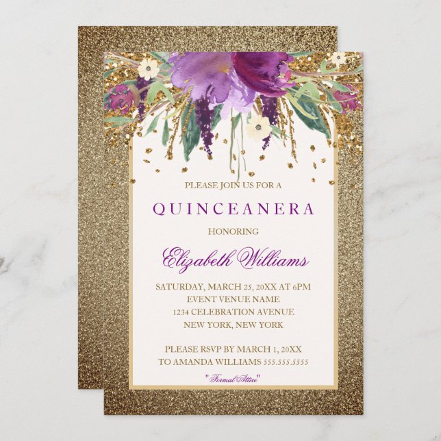 Gold Floral Sparkling Amethyst Quinceanera Invite (Front/Back)